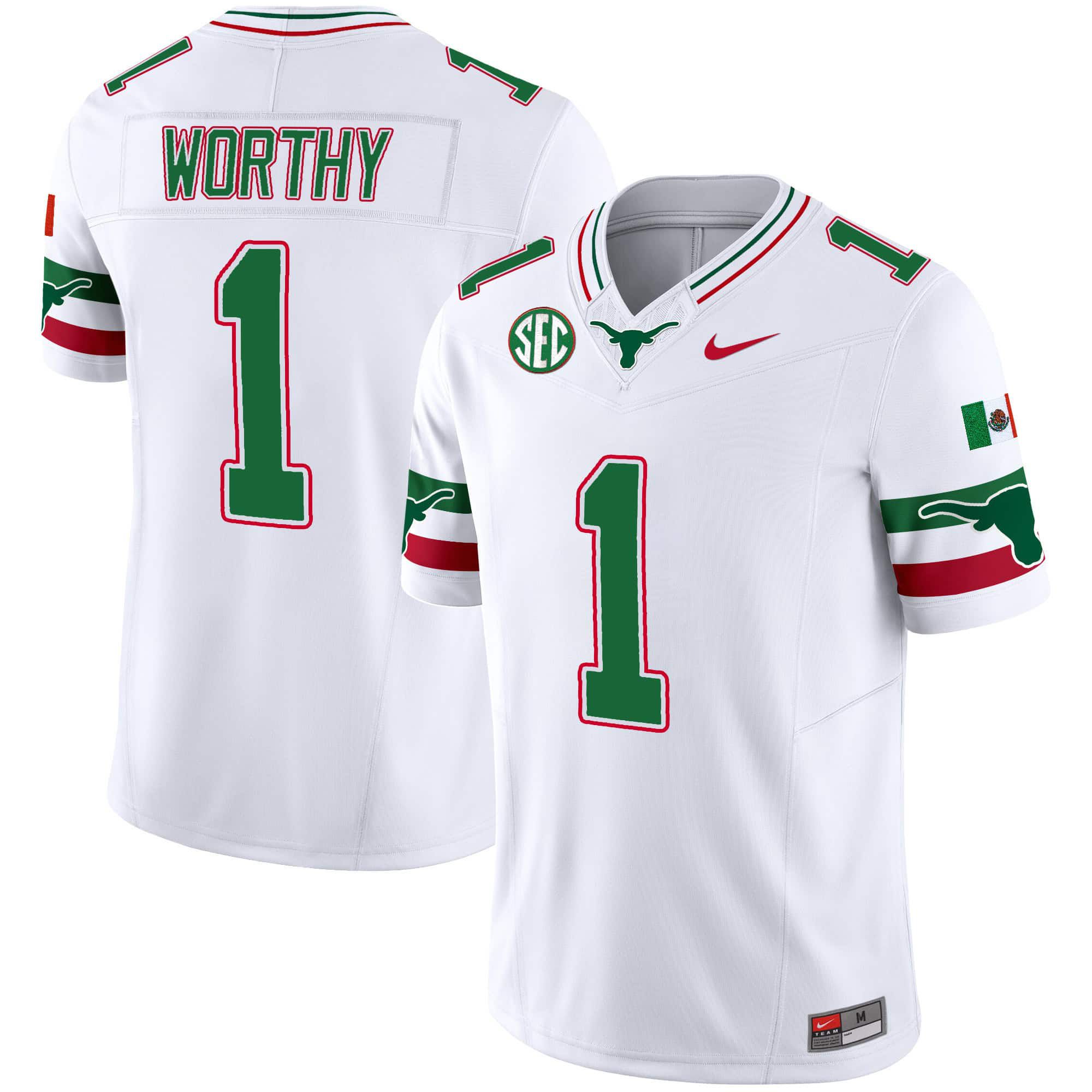 Men Texas Longhorns #1 Worthy White 2024 Nike Mexico SEC Patch Vapor NCAA Jersey